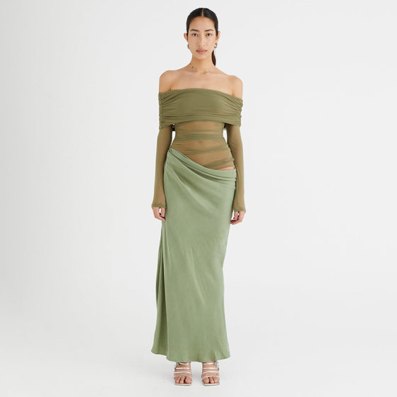 Y24DS274 European and American women's clothing 2024 summer shoulder long sleeve waist stitching dress cross-border wholesale
