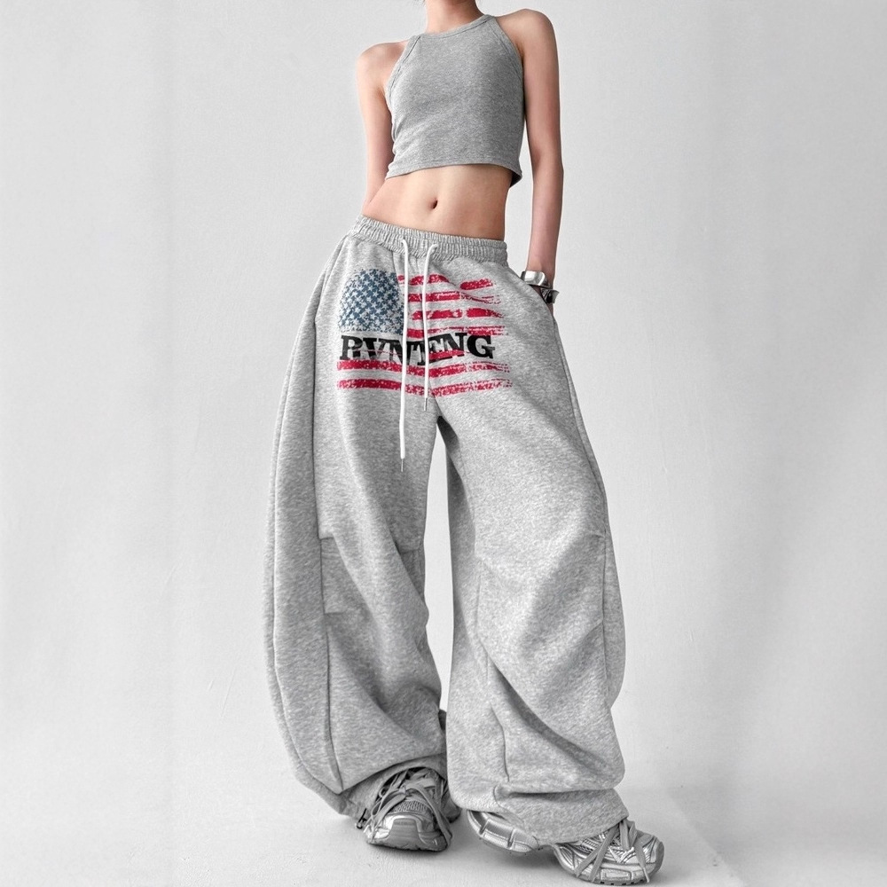 美式街头字母印花运动卫裤女2025新款韩版宽松阔腿裤hiphop街舞裤