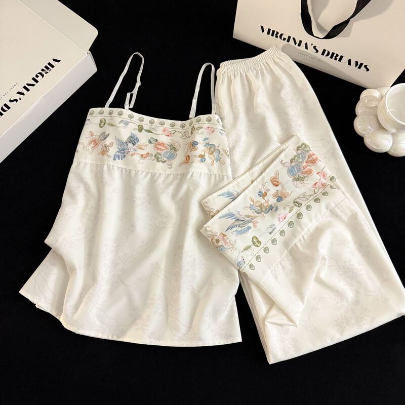 Cross-Border New Style Home Wear Thin Multi-Color Ice Silk Camisole and Long Pants Set Chinese Style Comfortable Loose Pajamas Supply Chain Cross-Border New Style Home Wear Thin Multi-Color Ice Silk Camisole and Long Pants Set Chinese Style Comfortable Loose Pajamas Supply Chain