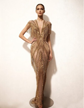 Gold Tassel Rhinestone Dress Deep V Pinch Waist Slim Long Dress Red Carpet Catwalk Singer Engagement Banquet Evening Dress Gold Tassel Rhinestone Dress Deep V Pinch Waist Slim Long Dress Red Carpet Catwalk Singer Engagement Banquet Evening Dress