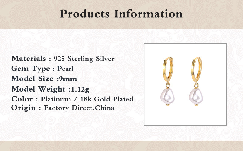 Pearl Design 1 Pair 18K Gold Plated 925 Sterling Silver Irregular Drop Earrings