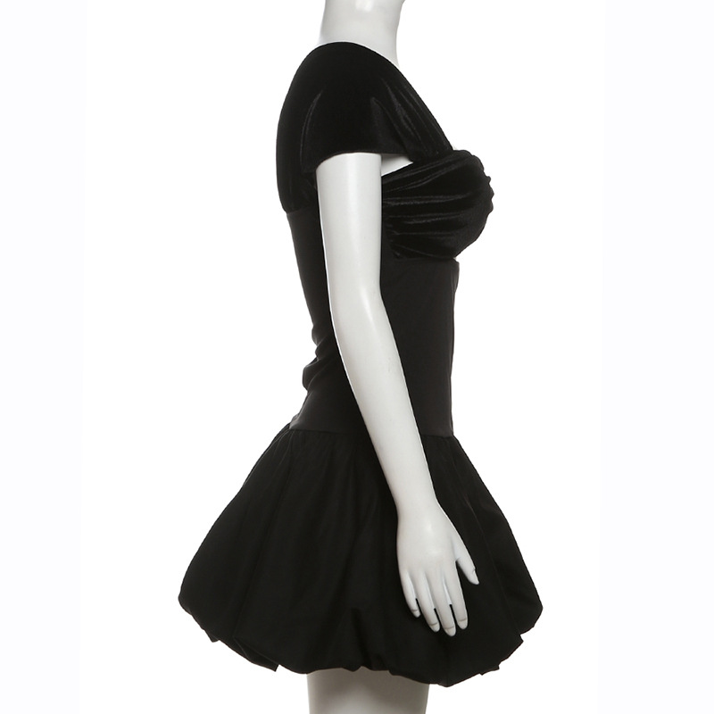 Spring Women Clothing Elegant High Grade Suede Short Sleeve Tube Top Hollow Out Cutout Bubble Splicin