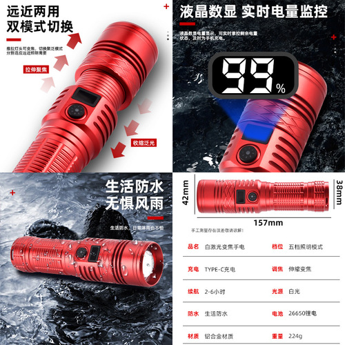 Cross-border white laser flashlight, strong light, long-range zoom display, Type-C rechargeable portable emergency long-life hand light