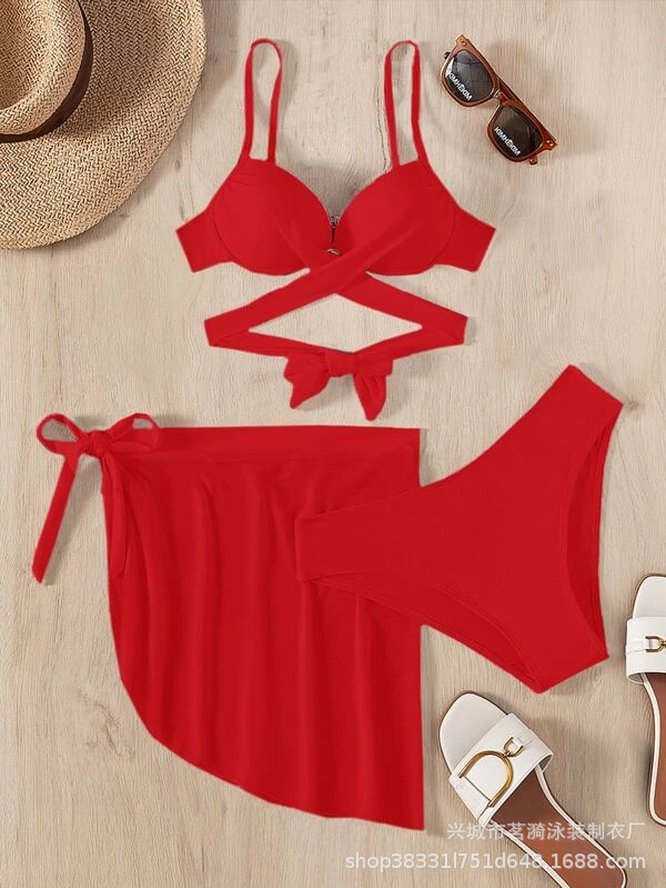 Mingyi nuevo bolso duro europeo y americano sexy bikini moda cuántos color sólido falda de malla de tres piezas traje de baño