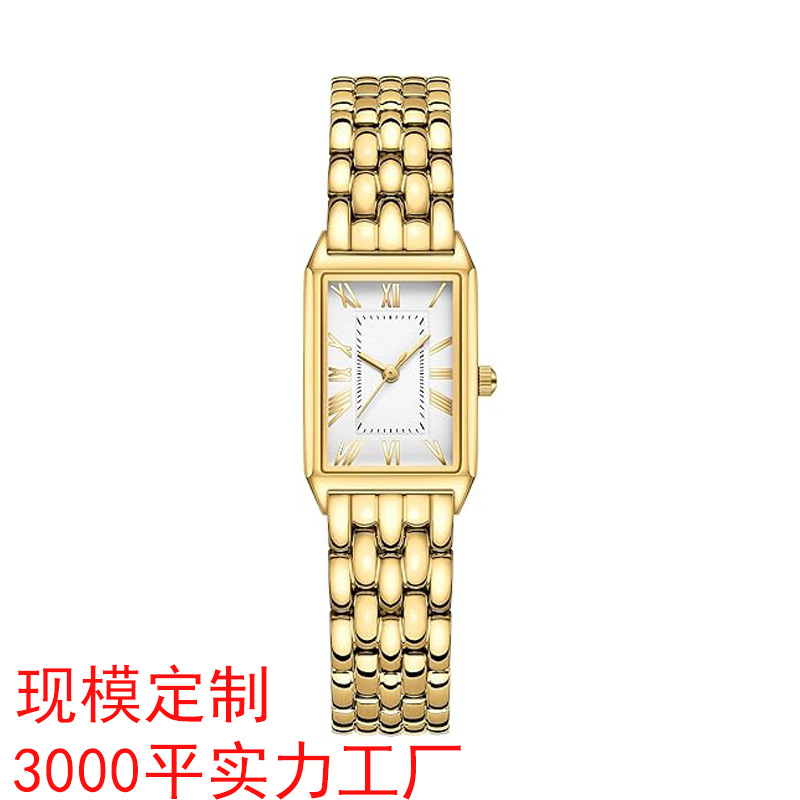 Processing and Customization of Retro Rectangular Case Stainless Steel Belt Women's Gold Watch Roman Dial Watch Women's High-End