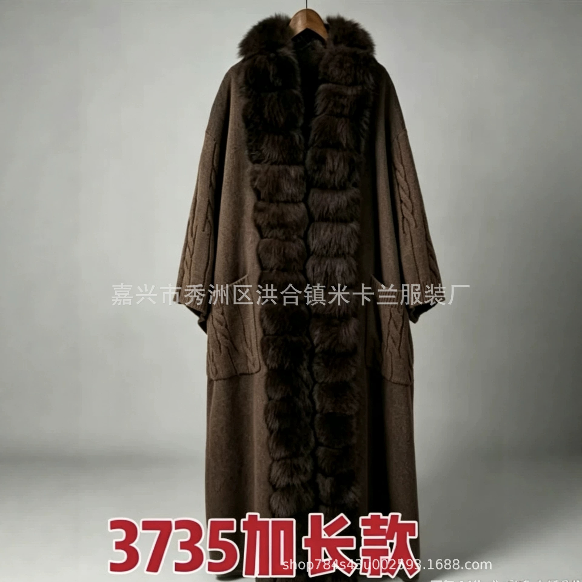 跨境专供秋冬皮草外套女新款宽松加长款毛呢外套仿狐狸毛领针织