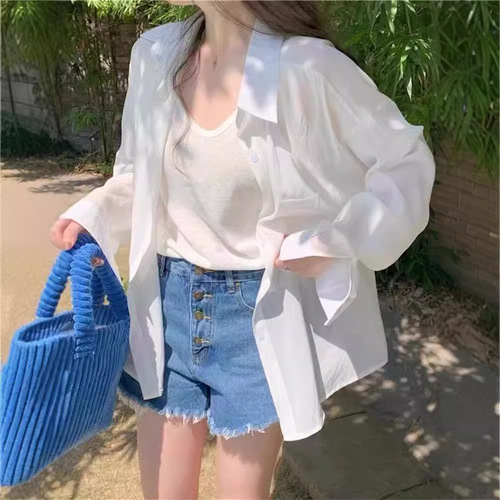 French-style sheer sunscreen blouse for women, summer thin blouse with a sense of elegance, wrinkle-resistant long-sleeved sun protection top jacket