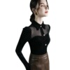 Polka dot mesh patchwork top with slightly transparent autumn and winter new retro long sleeves