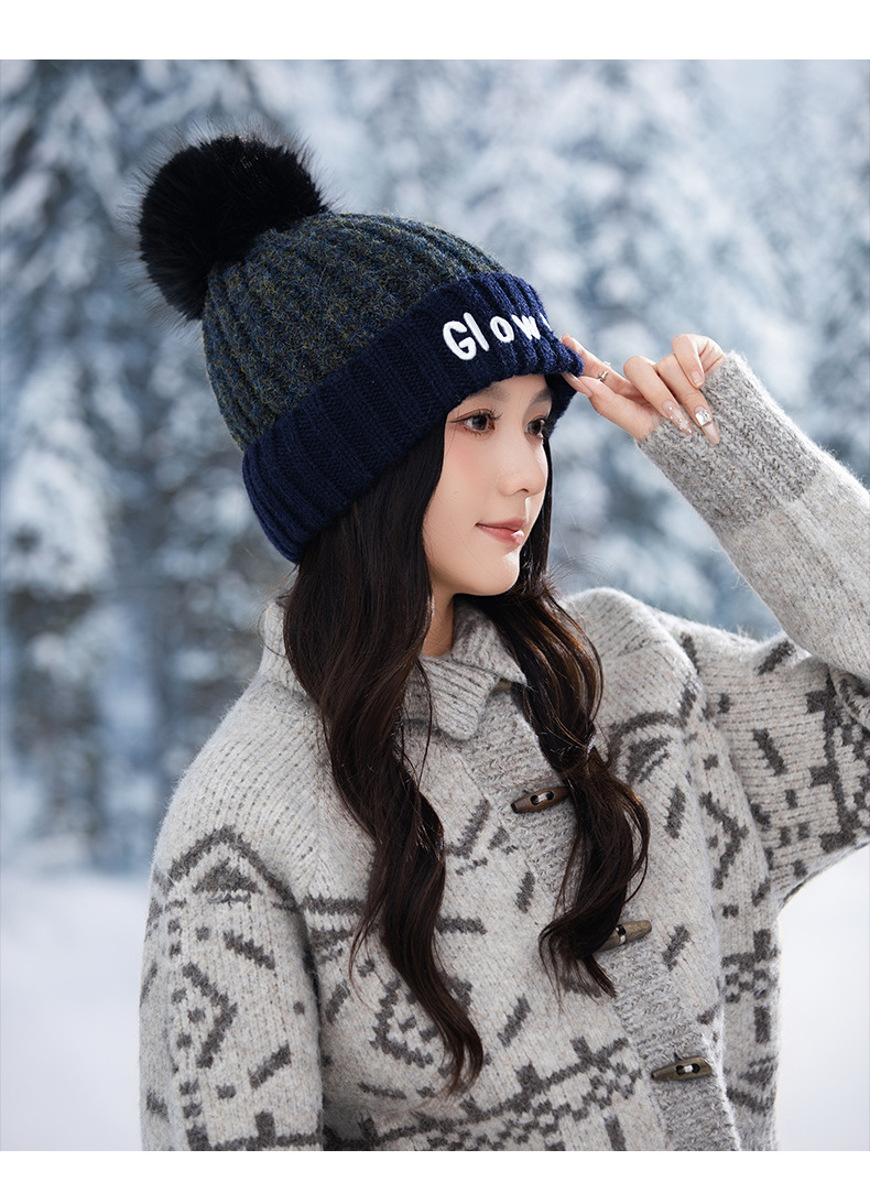 Gorro de lana de punto con bordado de letras inglesas, versátil, bonito y cálido, ideal para otoño e invierno. Con pompón. Estilo coreano._voghion.com