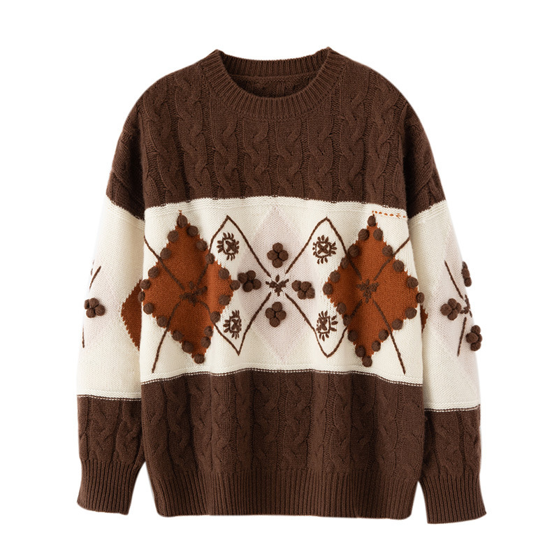 Winter New Women's Korean Style Loose Slimming Look Knitwear Women's Stitching Contrasting Geometric Pattern 35% Cashmere Knitwear Winter New Women's Korean Style Loose Slimming Look Knitwear Women's Stitching Contrasting Geometric Pattern 35% Cashmere Knitwear