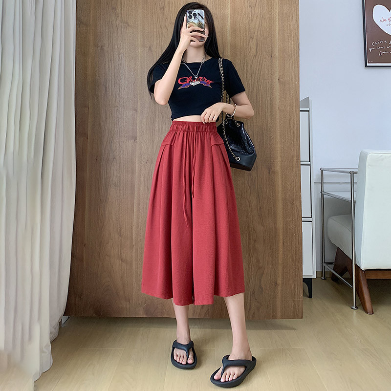 Summer Thin Cropped Trousers, Casual High-Waisted Loose Wide-Leg Trousers, Large Size Slimming Look Drape Skirt, Ice Silk Culottes for Women