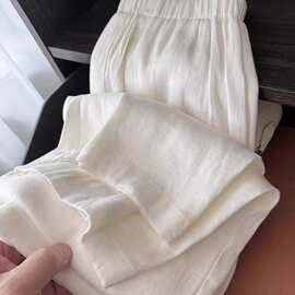 慵懒松弛棉麻阔腿裤女白色麻混纺裤子女夏季薄款松紧腰休闲长裤