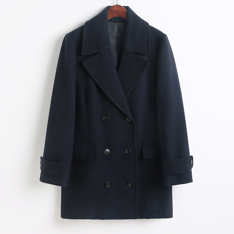 TOT23 new navy blue soft felt wool blended double breasted profile short overcoat coat