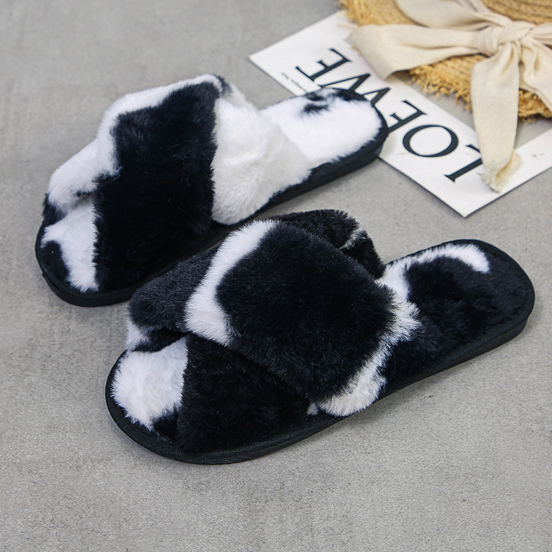 2021 Nuevo Hogar zapatillas de felpa patrón de vaca Cruz zapatillas de felpa casuales Zapatillas de algodón transfronterizo europeo y americano