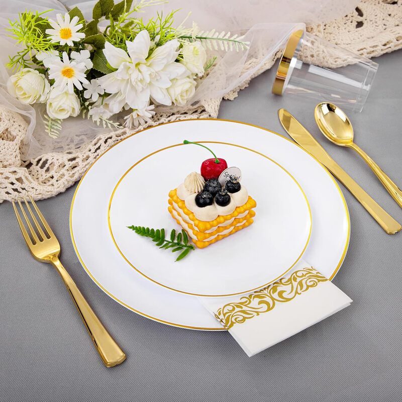 175 pcs suit Disposable Plastic Porcelain White Bronzing Disc Western Food Plate Wedding Party Tableware Cake Plate Cross Border