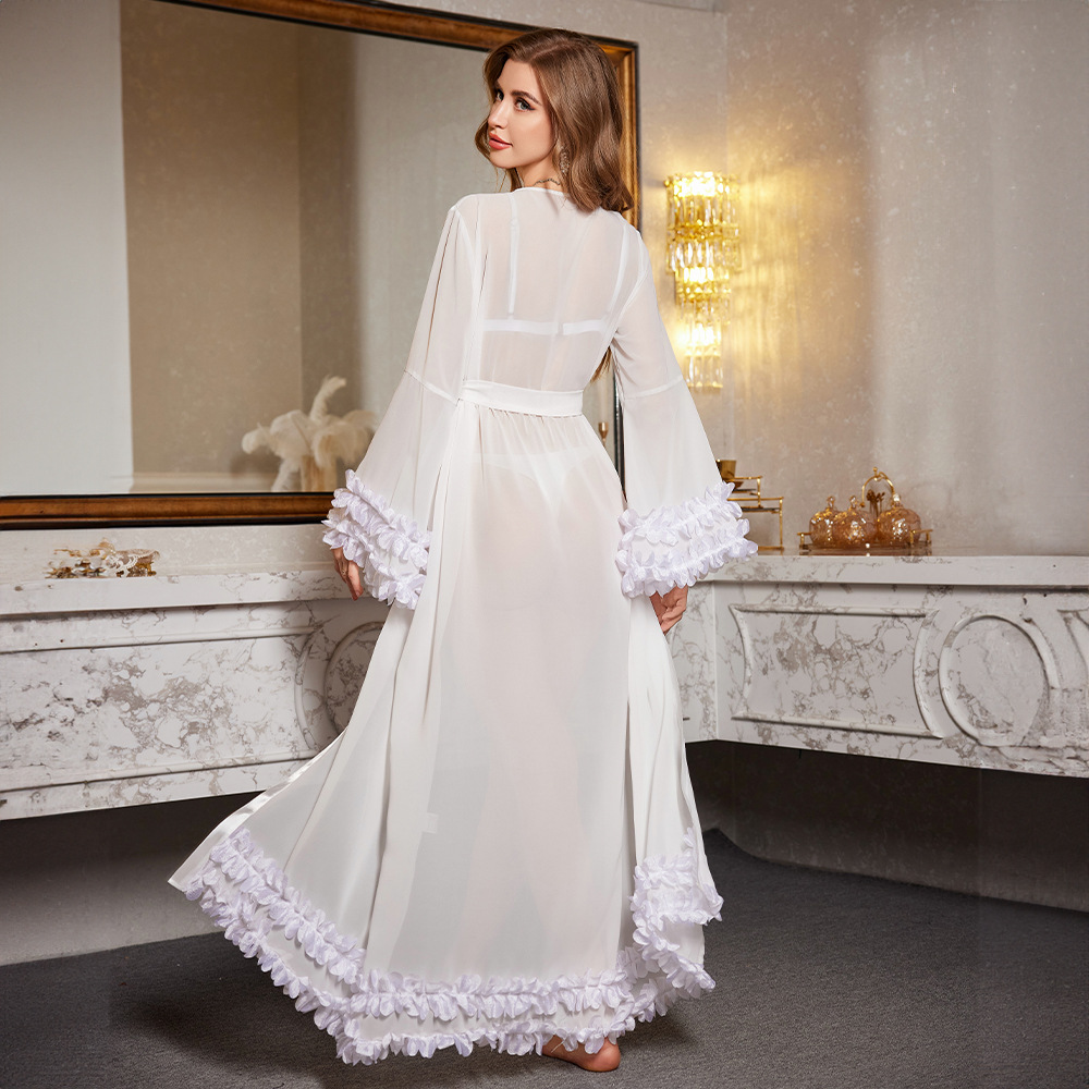 Serie de lujo de medianoche transfronteriza nuevo pijama femenino sexy encaje semi-permeable túnica ropa para el hogar WP3557