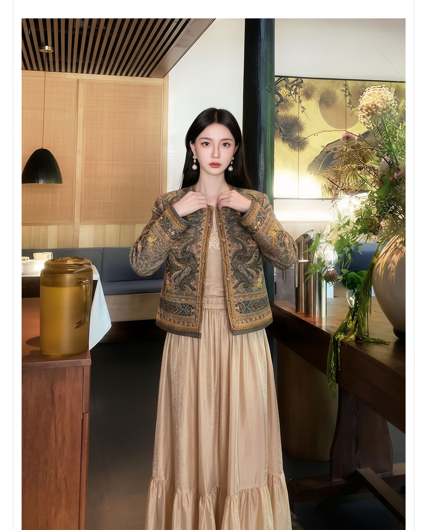 Bộ váy áo khoác + đầm maxi thắt eo phong cách Tân Trung Hoa, họa tiết jacquard nổi bật — nửa váy, Trang chủ, áo khoác chi tiết 8
