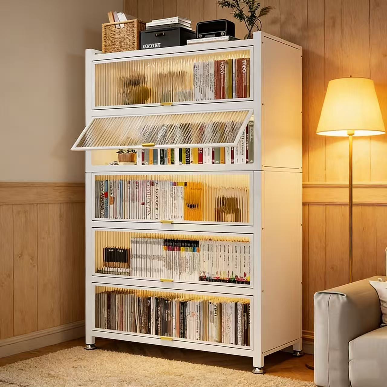 Steel Bookcase, Multi-Layer Dust-Proof Flip-Door Storage Cabinet, Bedroom Balcony Multi-Functional Storage Cabinet, Toy Display Cabinet