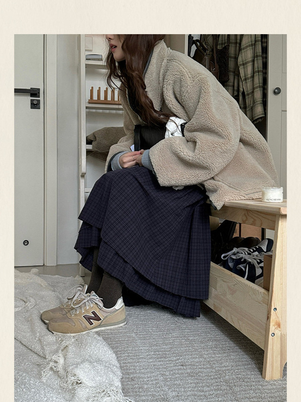 雾蓝格子双层拼接半身裙女秋季辛苦a字中长款加厚高腰通勤长裙子|undefined