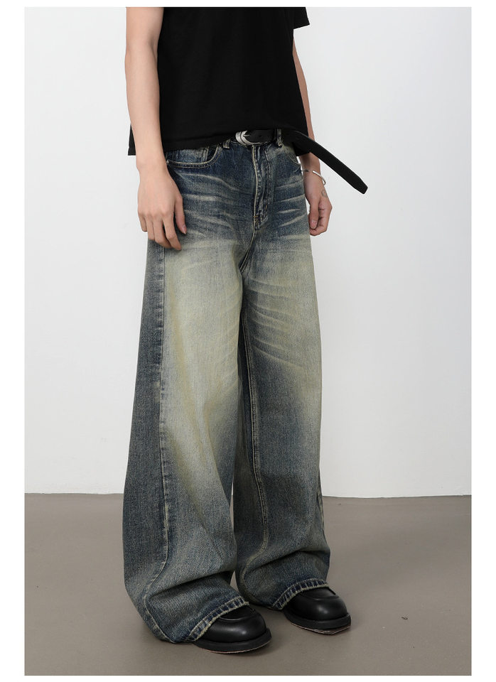 Quần jeans nam dáng rộng ống đứng phong cách retro Mỹ, giặt mài làm cũ — Màu xanh dương chi tiết 9