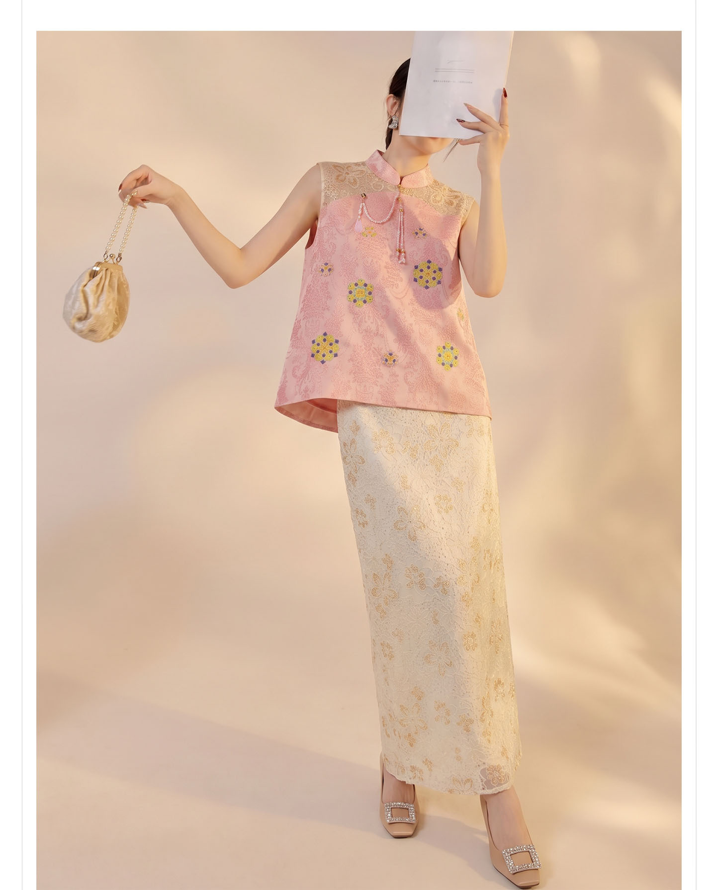 Bộ áo gile ren thêu hoa kết hợp chân váy midi phong cách Tân Trung Quốc mùa hè — bộ đồ, nửa váy, Trang chủ chi tiết 8