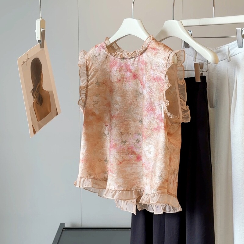 Lightweight Chinese-Style Thin Floral Sleeveless Shirt with Ruffled Collar for Women, New Summer Trendy Youthful Babydoll Top Lightweight Chinese-Style Thin Floral Sleeveless Shirt with Ruffled Collar for Women, New Summer Trendy Youthful Babydoll Top