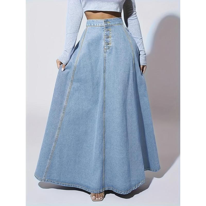 Elegant Washed Denim Skirt High Rise Button Fly A line Maxi|undefined