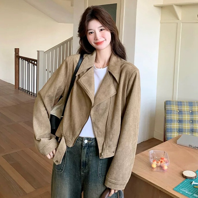 Original design, high-end brown suede jacket, stylish and unique short biker jacket
