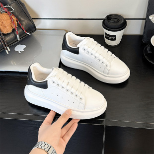 First-Layer Cowhide Mcqueen Versatile White Shoes for Women 2025 Spring & Fall Men's Thick-Soled Heightening Casual Couple Sports Sneakers