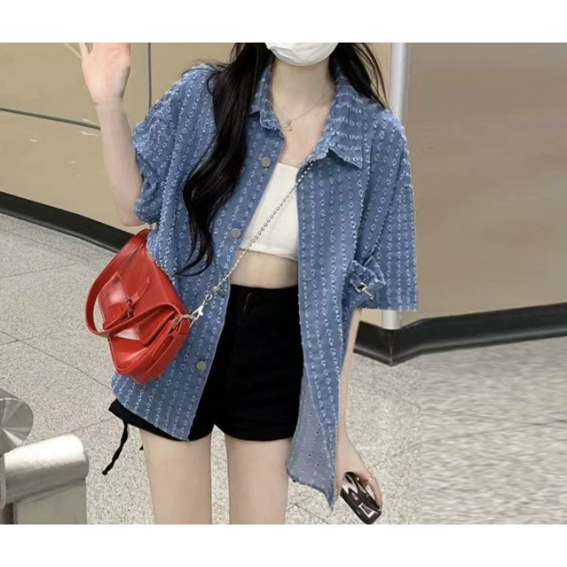 Ретро летний тонкий_denim набор, 2025 год, стиль Шанель, 3 предмета, с коротким рукавом, высокая талия