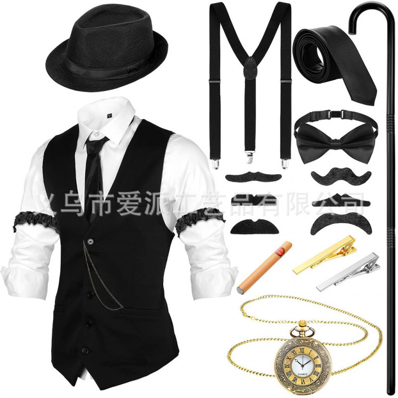Cross-Border Men's Hat and Tie, Cigar Pocket Watch, Cane Combination Men's Prom Theme Party Hat Set