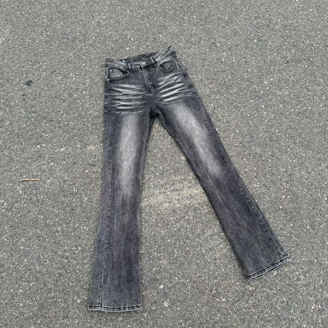 Men's Black Washed Flared Jeans With Fleece Lining - Clean Fit Stretch Denim Pants For High Street Fashion_mkmklike.com
