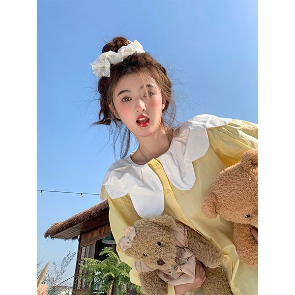 韩系甜美减龄撞色娃娃领衬衫女秋季2025新款宽松洋气长袖显瘦上衣|undefined