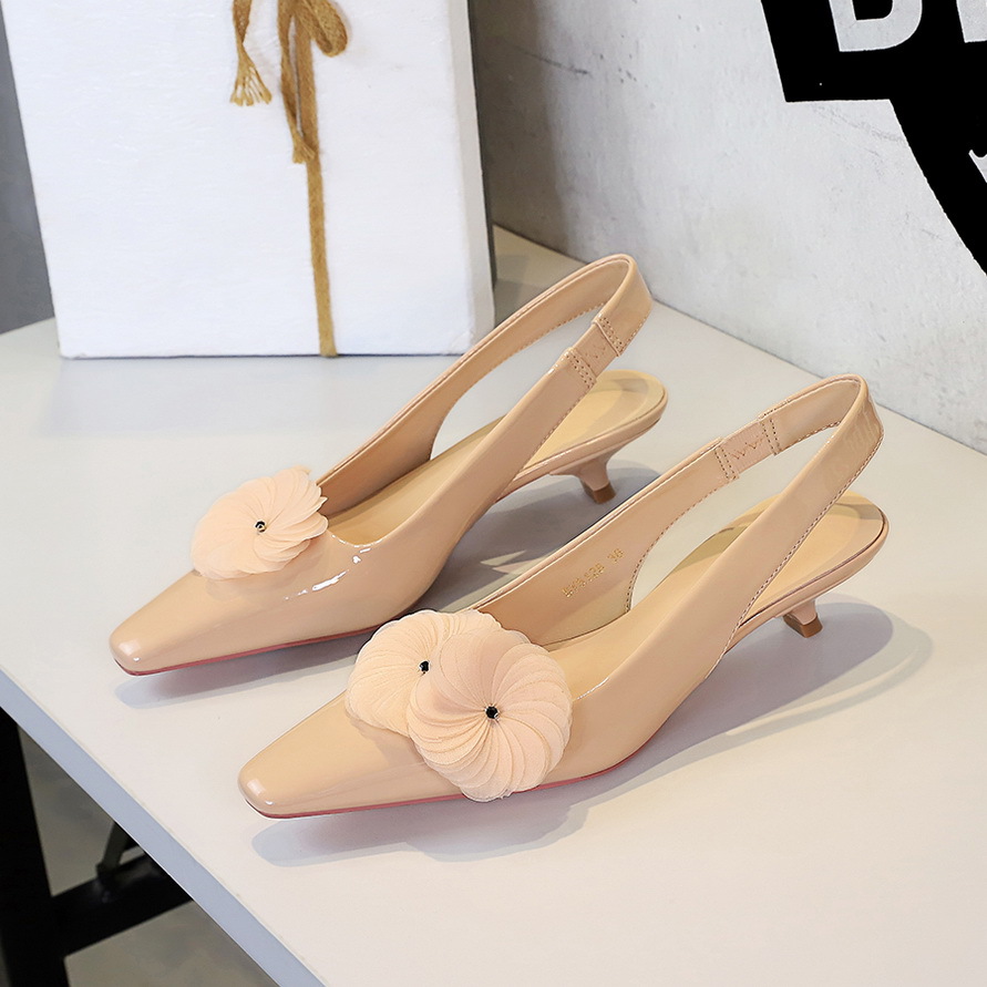 5128-H93 French Fashion Square-Toe Flower Cut Out Flats for Women, Patent Leather Glossy, Comfortable and Versatile Back Strap Women's Shoes