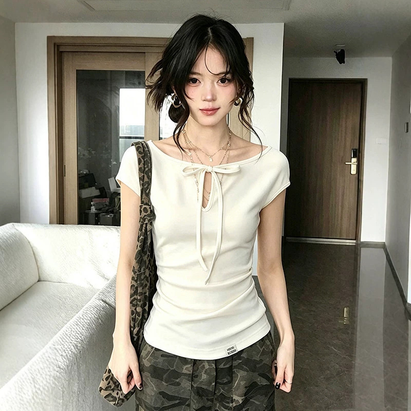 260g Rayon American-Style Spicy Girl Style Lace-Up Hollow-Out Short-Sleeve T-Shirt for Women, Summer Design with a Cinched Waist and Regular Shoulders 260g Rayon American-Style Spicy Girl Style Lace-Up Hollow-Out Short-Sleeve T-Shirt for Women, Summer Design with a Cinched Waist and Regular Shoulders
