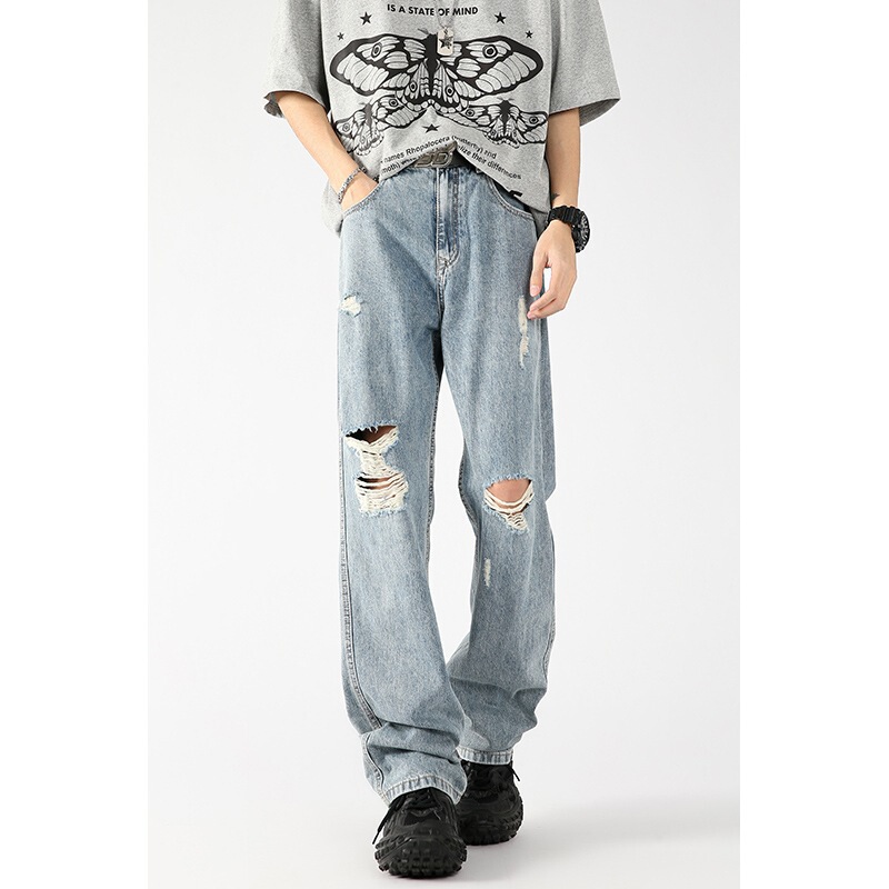 Summer Lightweight, Breathable, Snowflake-Washed, Light-Colored, Thin, American-Style Trendy Brand Loose Straight-Leg Ripped Jeans for Men Summer Lightweight, Breathable, Snowflake-Washed, Light-Colored, Thin, American-Style Trendy Brand Loose Straight-Leg Ripped Jeans for Men