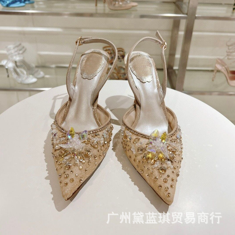 Rc High Heels Summer Lace Mesh Hand-Stitched Crystal Flower Pointed Toe Baotou Wedding Bride Bridesmaid Shoes