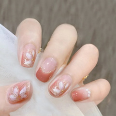 X036假指甲貼片可拆卸穿戴甲美甲片珍珠茶花防水美甲貼片成品短款