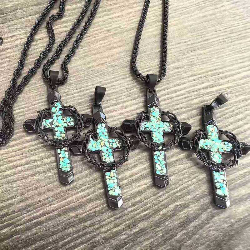 Amazon's Best-Selling New Thorn Cross Pendant with Turquoise, Trendy Men's Necklace, Niche Design Gift