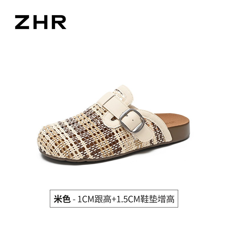 Dép sandal nữ quai chữ V dệt hở thoáng khí, đế bệt — AB211 Màu be