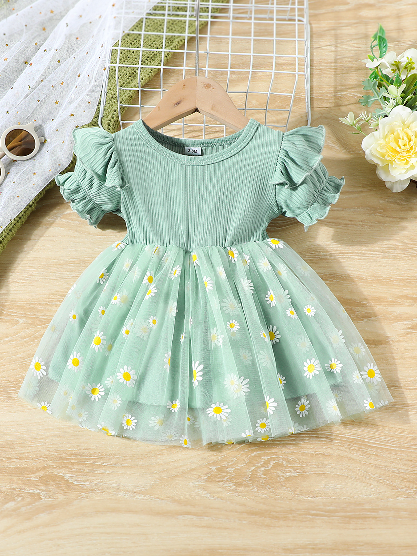 Light Green Daisy Print Tulle Dress for Girls 3-6M
