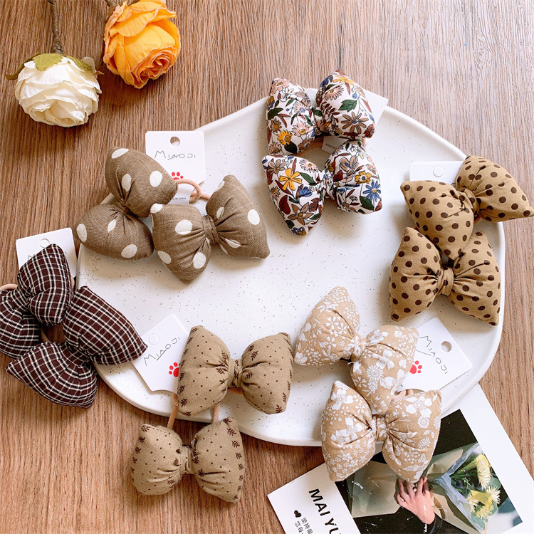 New Autumn/Winter Children's Floral Polka Dot Small Pillow Filled with Cotton, Butterfly Bow Hair Tie Set for Girls, Pairs, Elastic Hairband Accessory