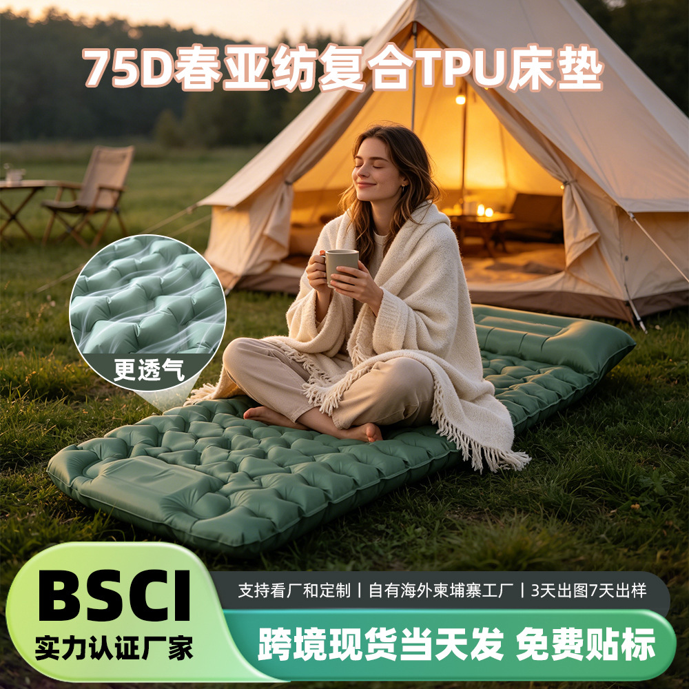 Cross-Border Outdoor Inflatable Camping Mat, Self-Inflating Mattress with Foot Pump, Single-Person Tpu Camping Sleeping Pad with Pillow