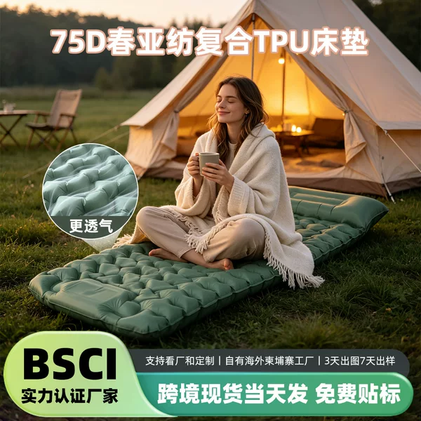 Cross-Border Outdoor Inflatable Camping Mat, Self-Inflating Mattress with Foot Pump, Single-Person Tpu Camping Sleeping Pad with Pillow