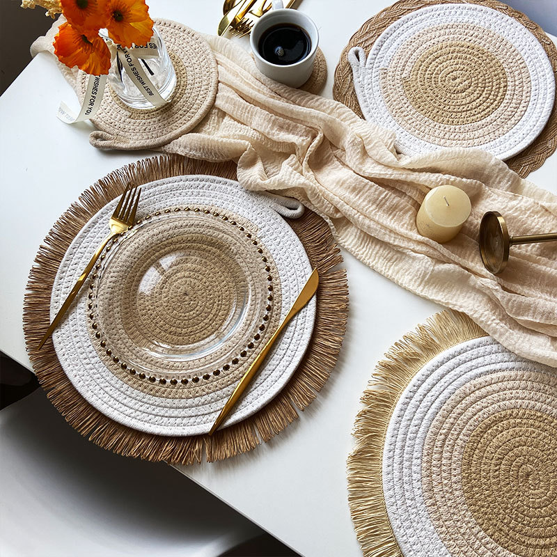 Almohadilla de cuerda de algodón de color contrastante Almohadilla de aislamiento térmico grueso de estilo pastoral Almohadilla de mesa tejida de algodón y lino Posavasos de cazuela resistentes al calor y a la plancha para el hogar