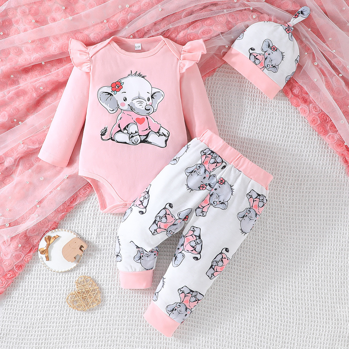 Nouveau haut mignon d'éléphant + pantalon imprimé + chapeau trois pièces pour filles automne 2024 INS_voghion.com