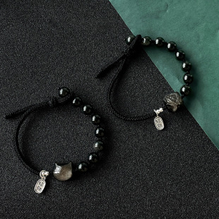 Minsheng Natural Obsidian Bracelet Silver Obsidian Lion Awakening Woven Rope Cat Hand Rope Light Luxury Niche Lovers