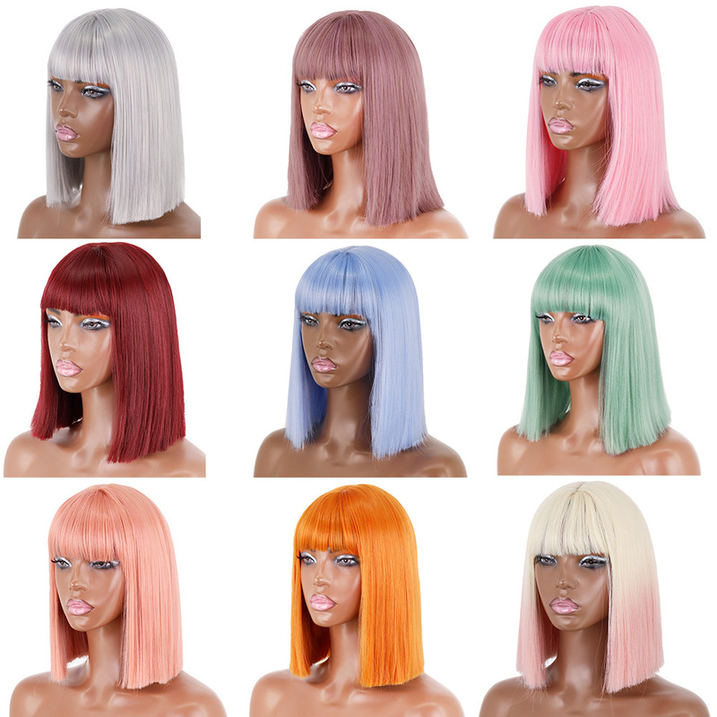 European and American wig wig wine red short straight wig with bangs chemical fiber wig wig wig wigs