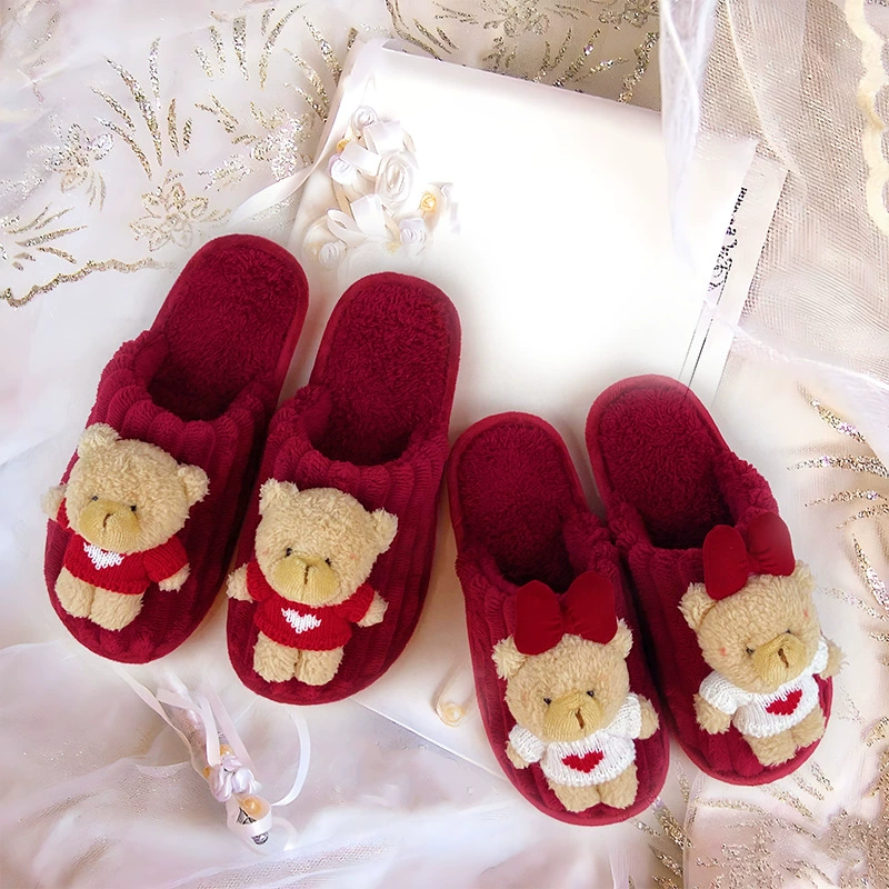 Свадебные тапочки хлопчатобумажные тапочки зимние милые мультяшные тапочки клубничный медведь дома