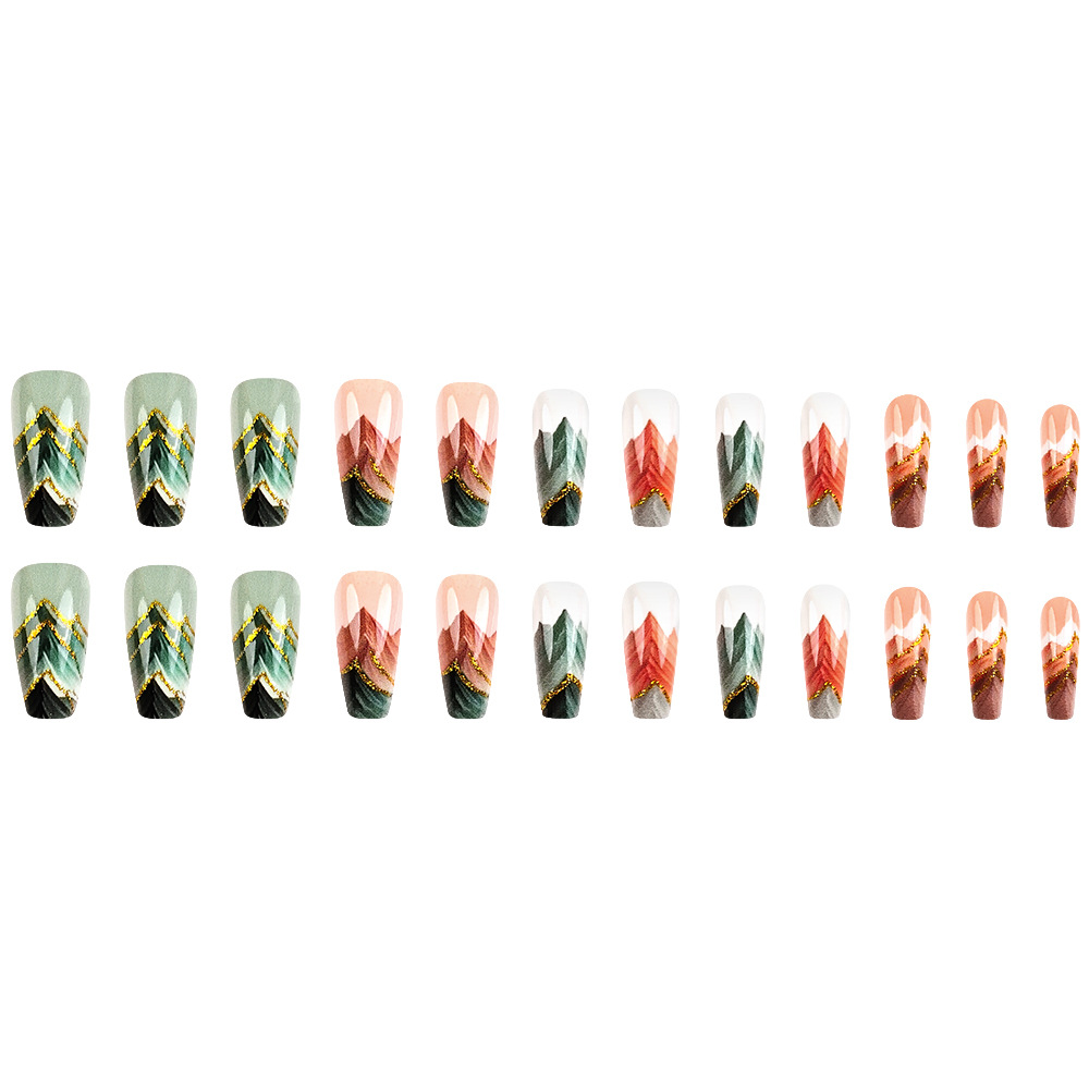 Comercio exterior paisaje polvo de brillo desgaste de uñas nuevas ventas de estilo chino de uñas 24 piezas de uñas falsas transfronterizas al por mayor